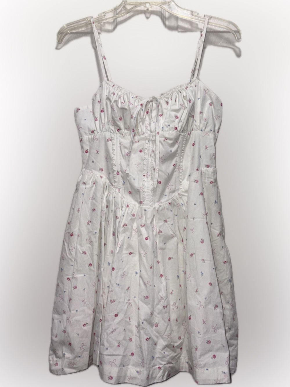 Coquette- White Spaghetti Strap Sundress with Pink Floral Print